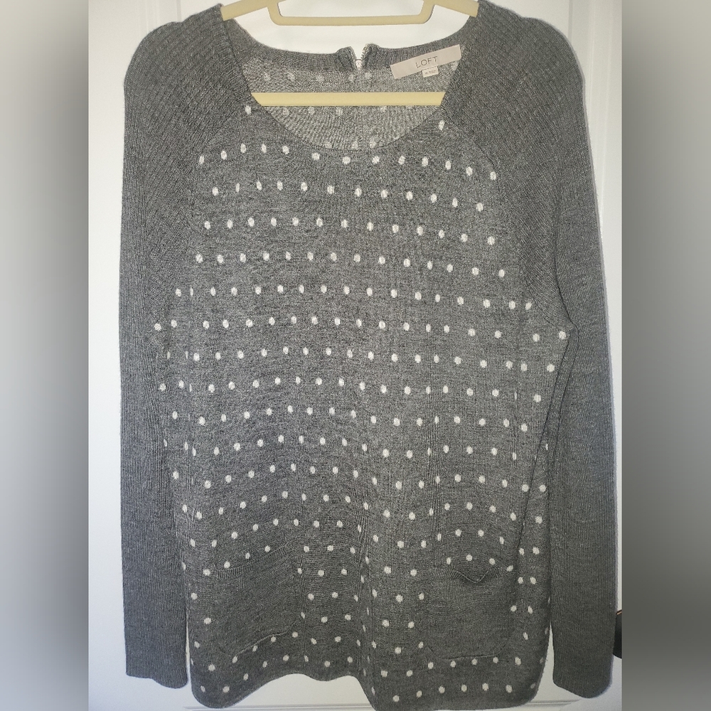 LOFT Gray and White Polka Dot Sweater